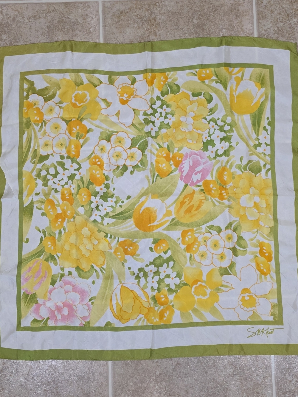 Vintage Avon Floral Scarf 70s Yellow Green Japan